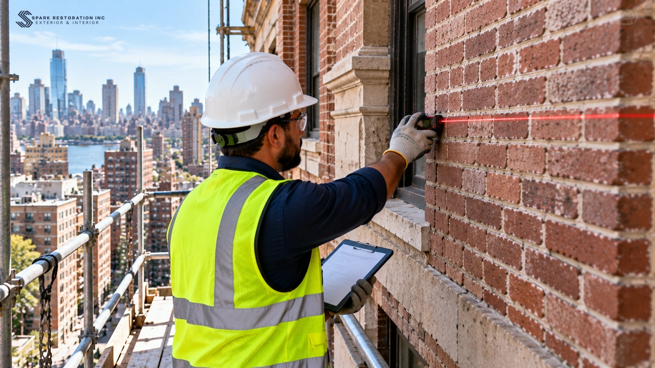 Contractor measuring a brick wall with a laser measure for a repointing quote