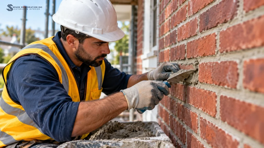Mason applying fresh mortar to brick joints with a pointing trowel