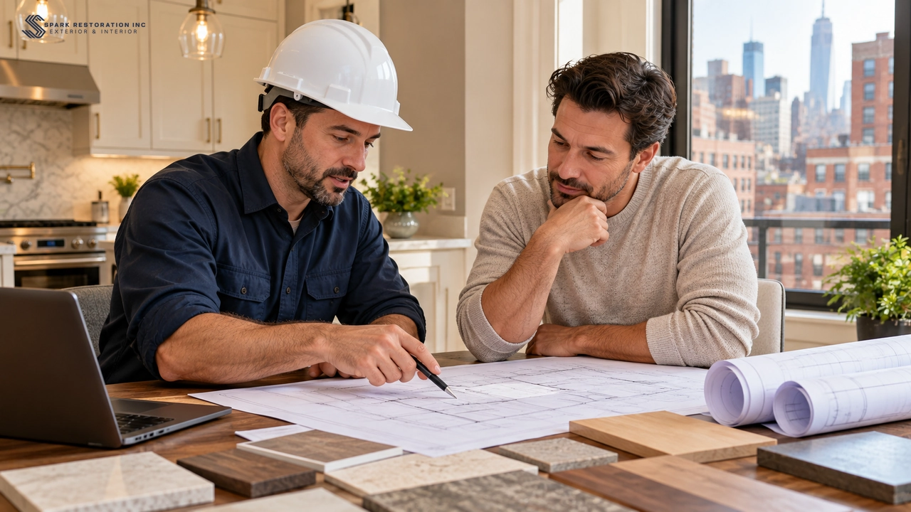 Contractor and homeowner reviewing renovation plans together