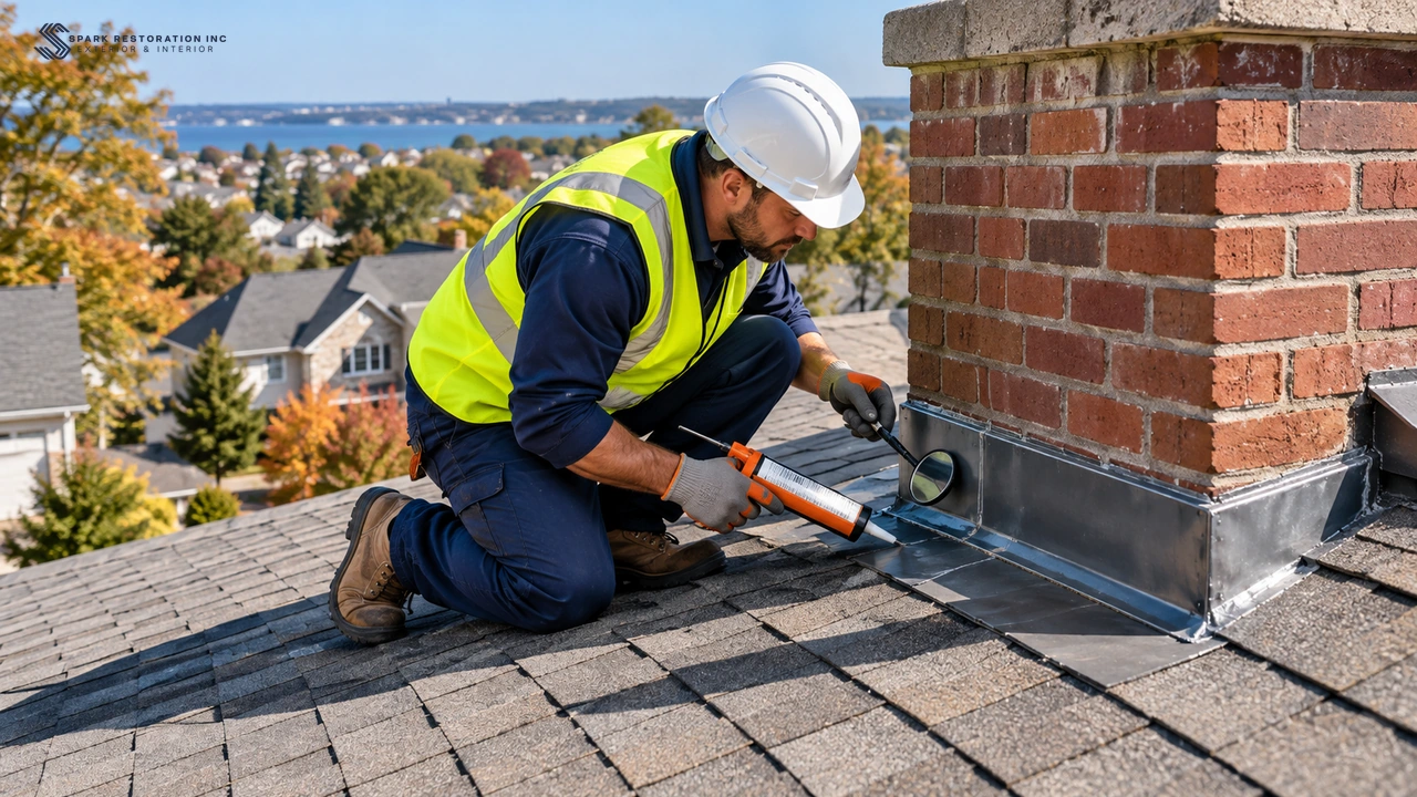 Roofer checking flashing around a brick chimney on a shingle roof