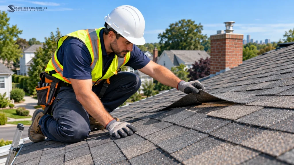 Roofer lifting a curled shingle while inspecting a roof deck