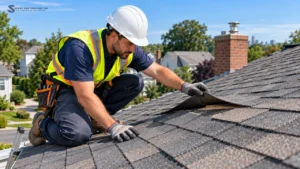 Roofer lifting a curled shingle while inspecting a roof deck
