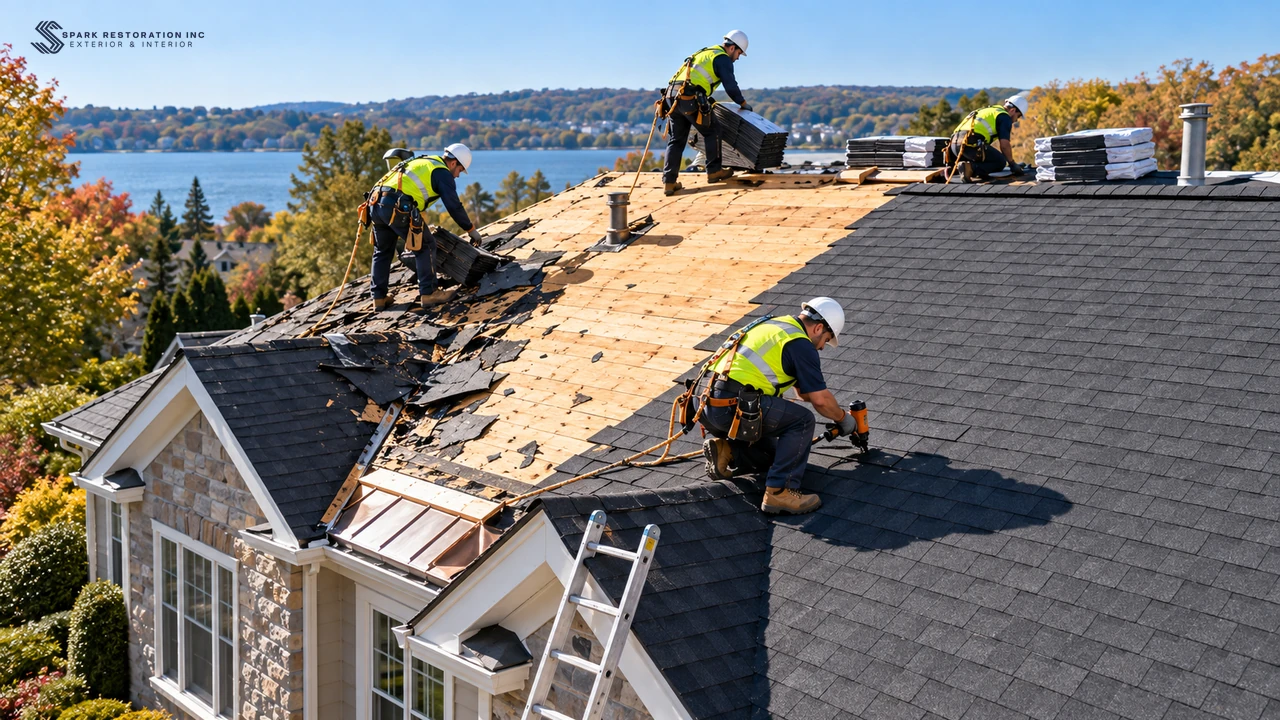 Roof replacement in progress with new shingles going on one slope