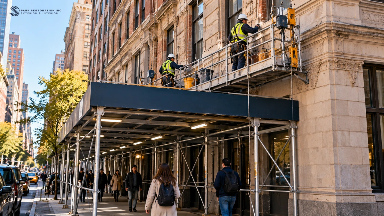 Sidewalk shed below a building facade under repair