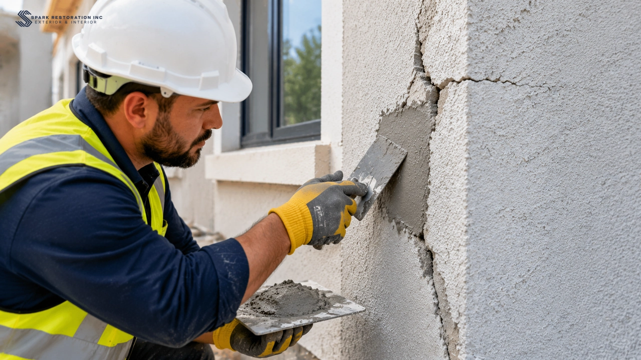 Worker repairing a cracked stucco corner on a building exterior