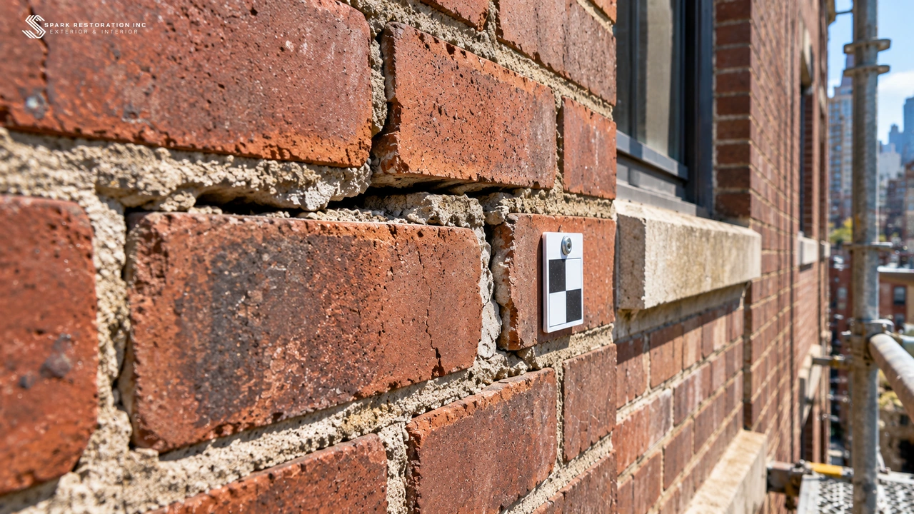 Close-up of cracked mortar joints on a brick facade marked during a Local Law 11 inspection