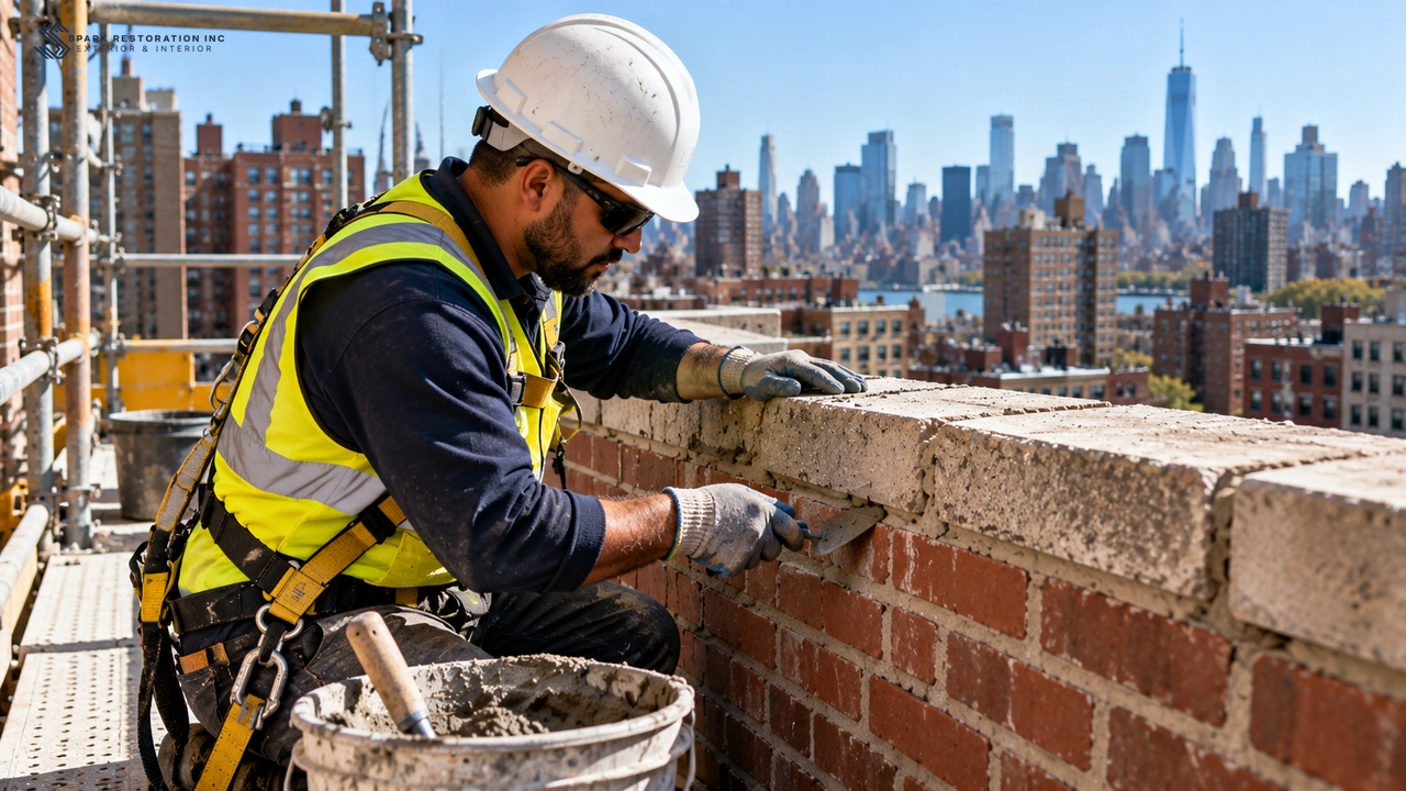 Masonry worker repointing a brick parapet to correct a SWARMP condition