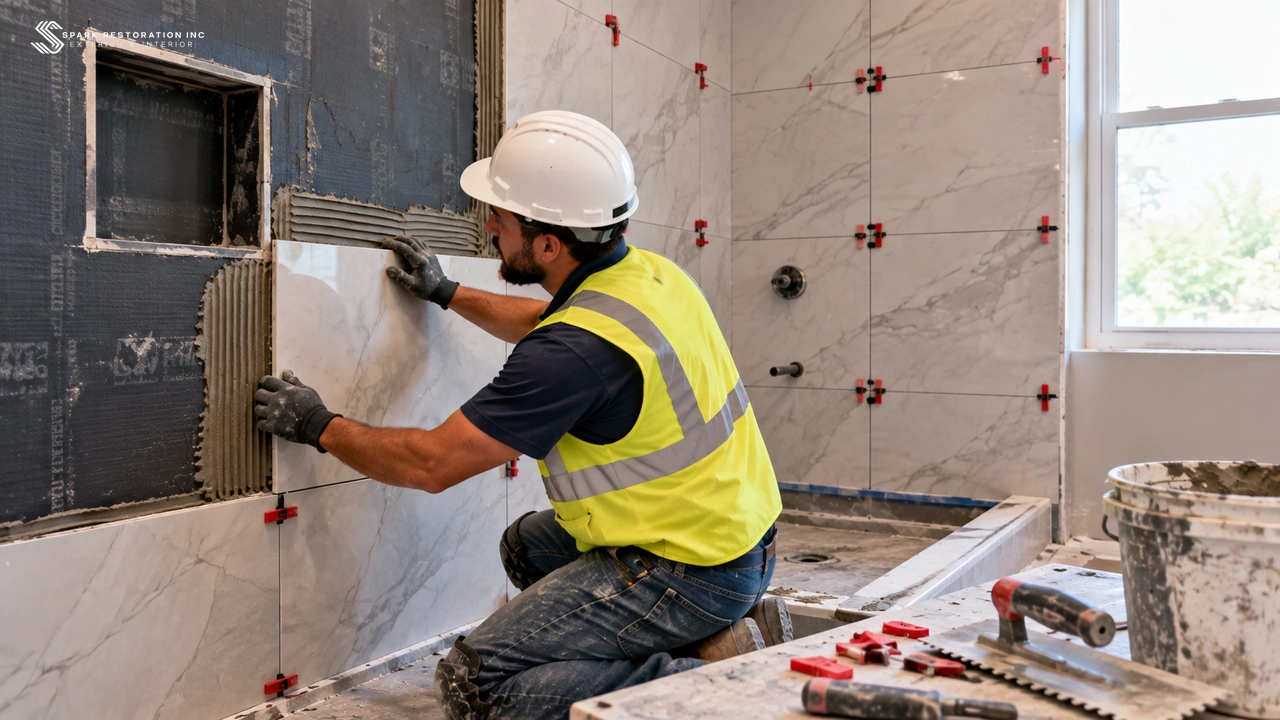 Tiler setting large-format wall tiles over a waterproofed shower wall