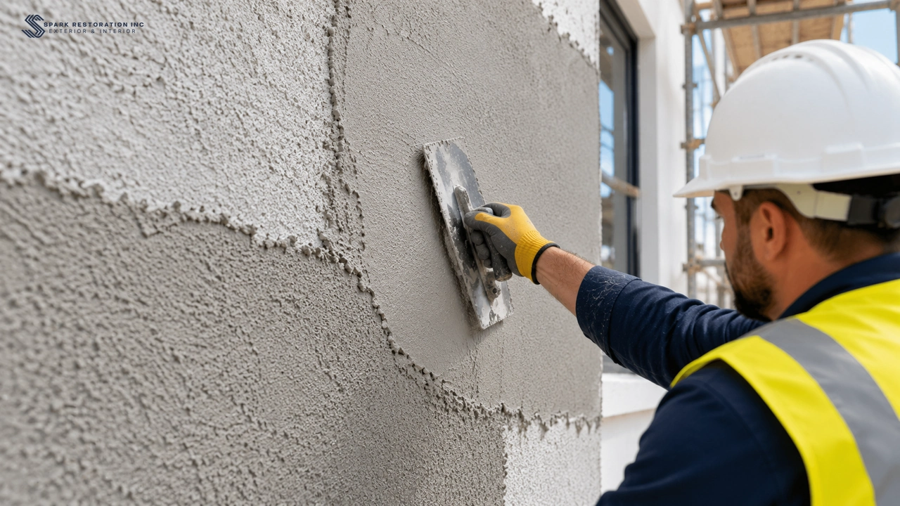 Worker smoothing a fresh traditional stucco wall surface