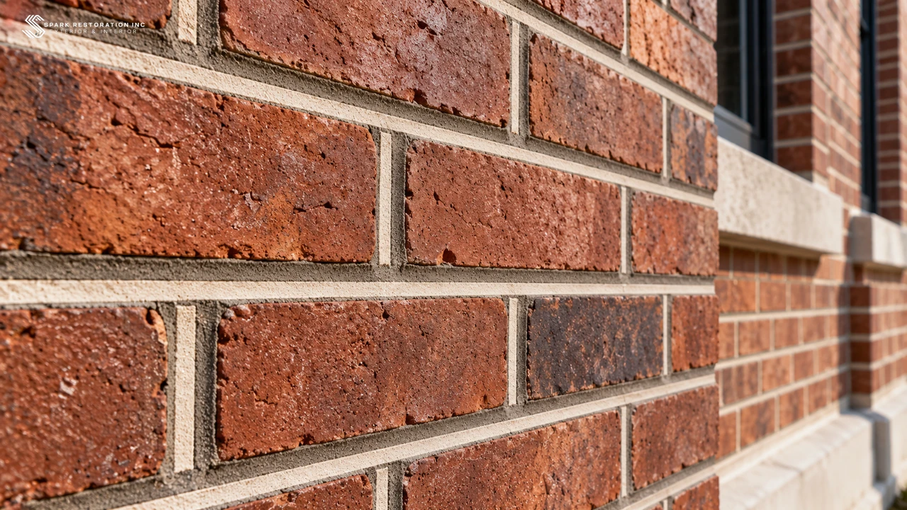 Close-up of fine two-tone tuckpointing lines on an older brick wall