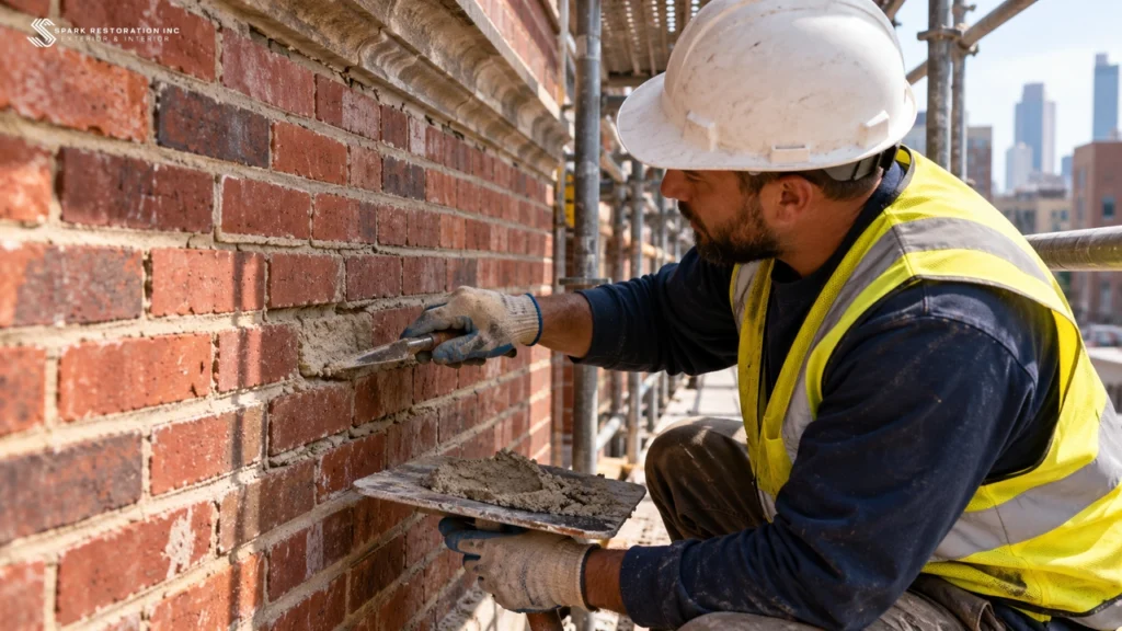 Mason repointing a red-brick facade from scaffolding
