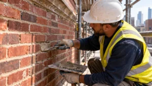 Mason repointing a red-brick facade from scaffolding