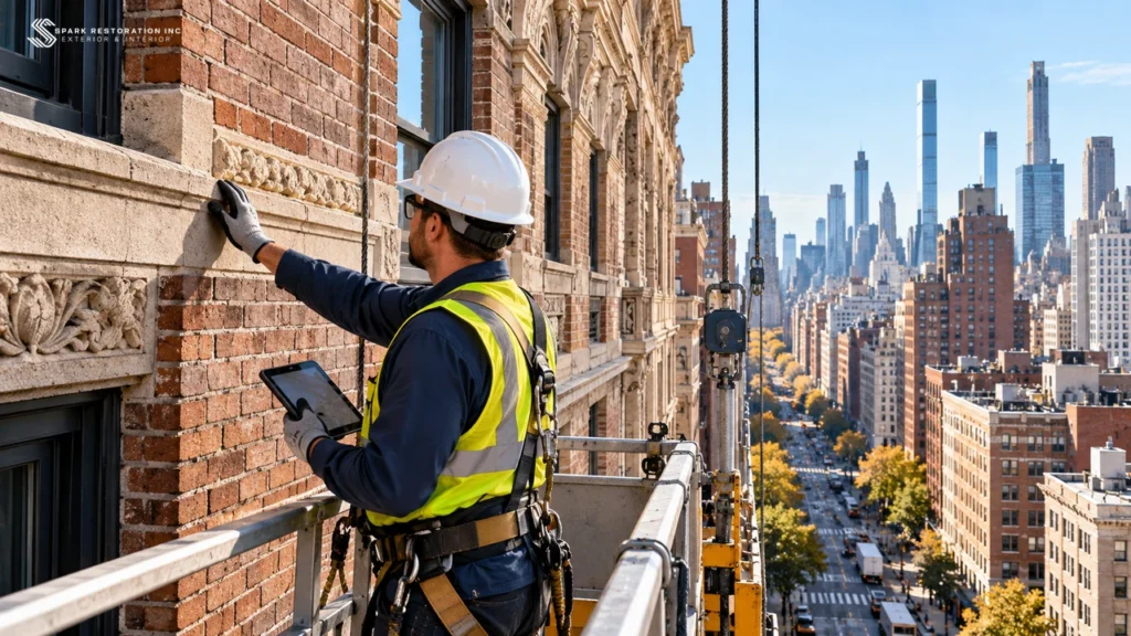 Inspector on a suspended scaffold examining a pre-war building facade with a tablet