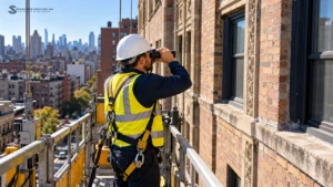 Facade inspector on a scaffold reviewing a brick facade after a SWARMP finding in NYC