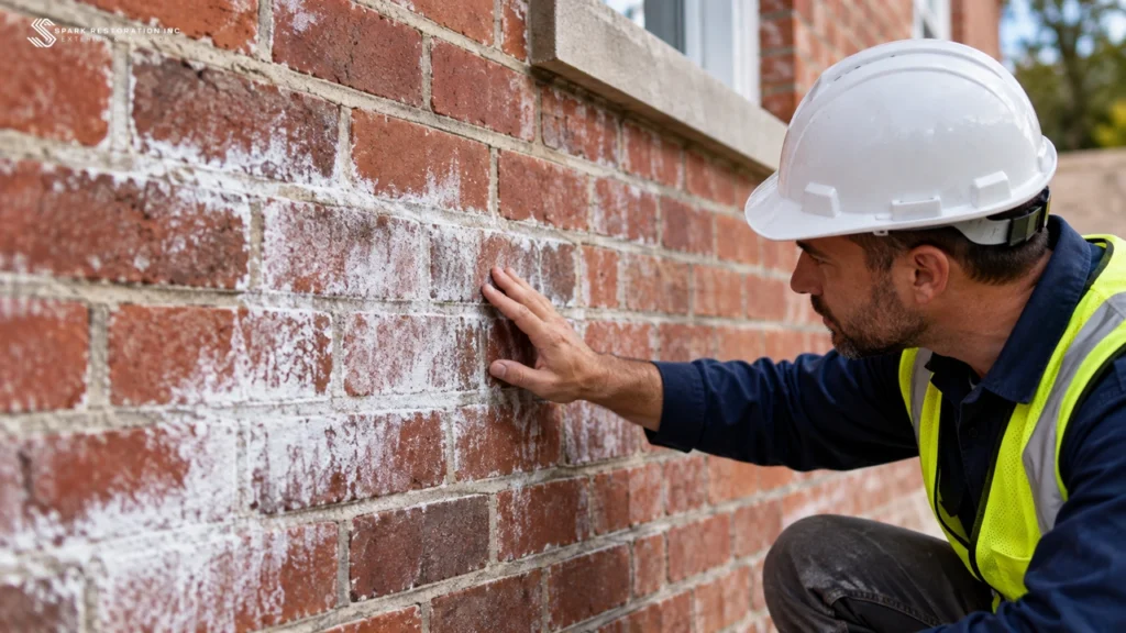 Mason inspecting white efflorescence salt deposits on a brick wall
